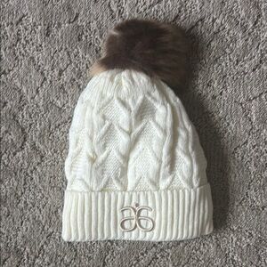 Arbonne Winter Knit Hat Cream with Brown Pom Pom NWOT, never worn